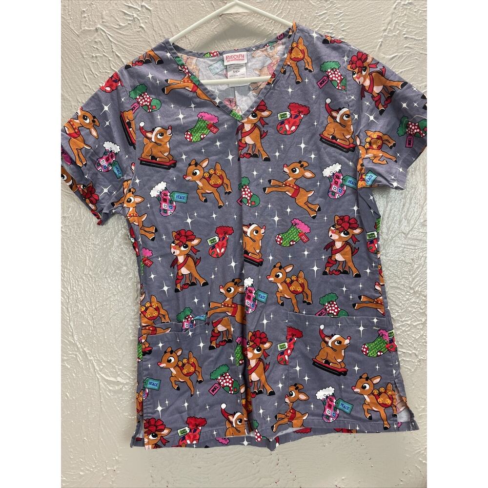 Rudolph Reindeer Christmas Scrub Top Women’s‎ Shirt Small Work Holiday Uniform